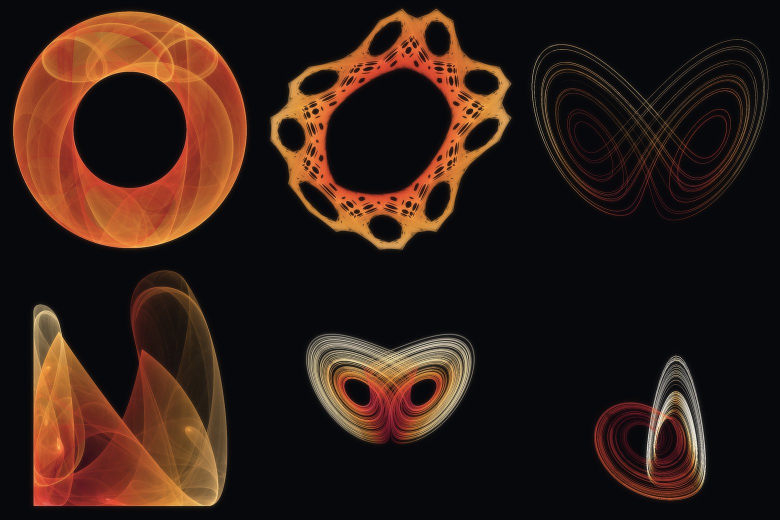 Six strange attractors in red, gold and cream on black: filled rings and sails from iterated maps, and thread-like butterflies and loops from continuous flows