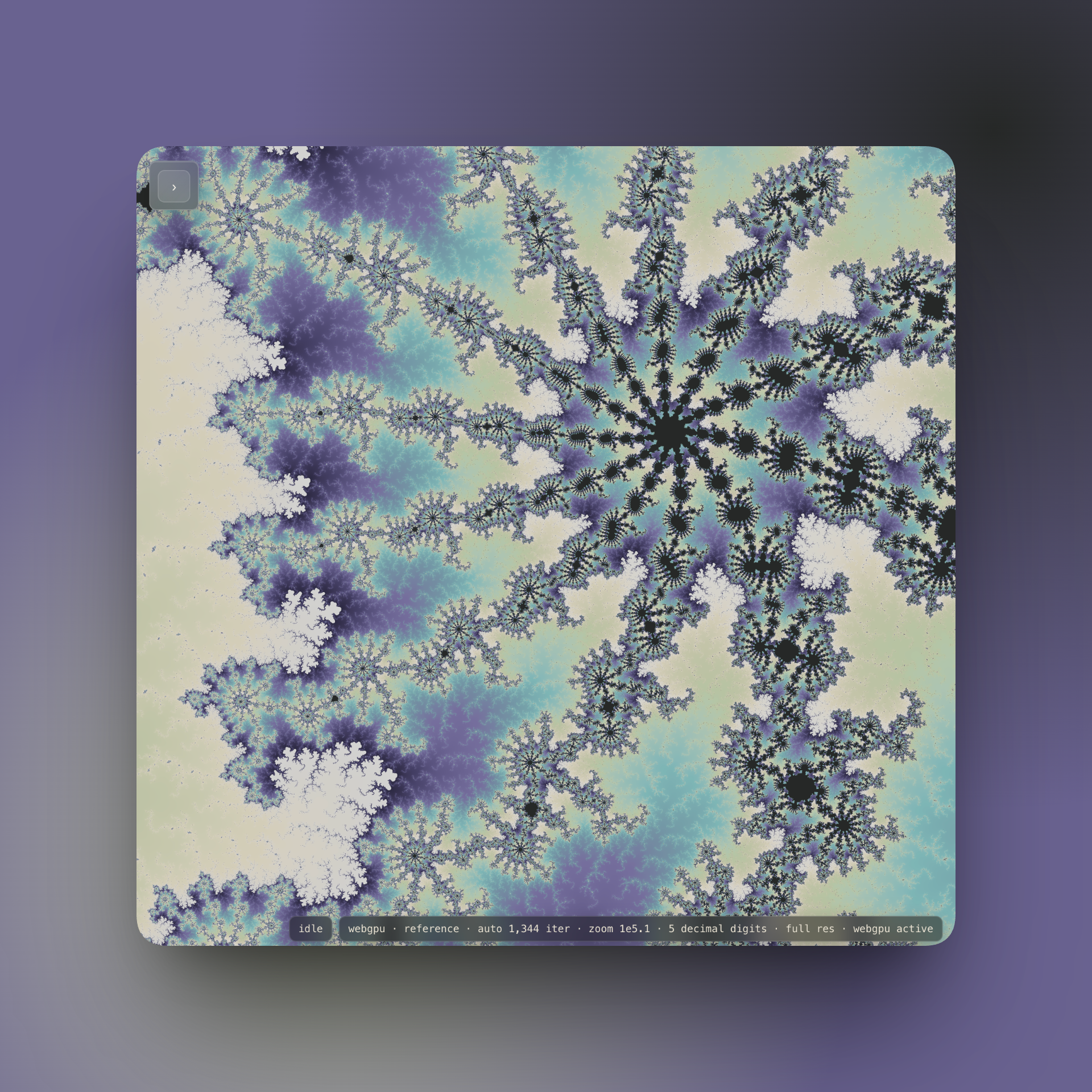 A deep zoom into a spiral of a Mandelbrot-family fractal, rendered in cream, teal, and violet