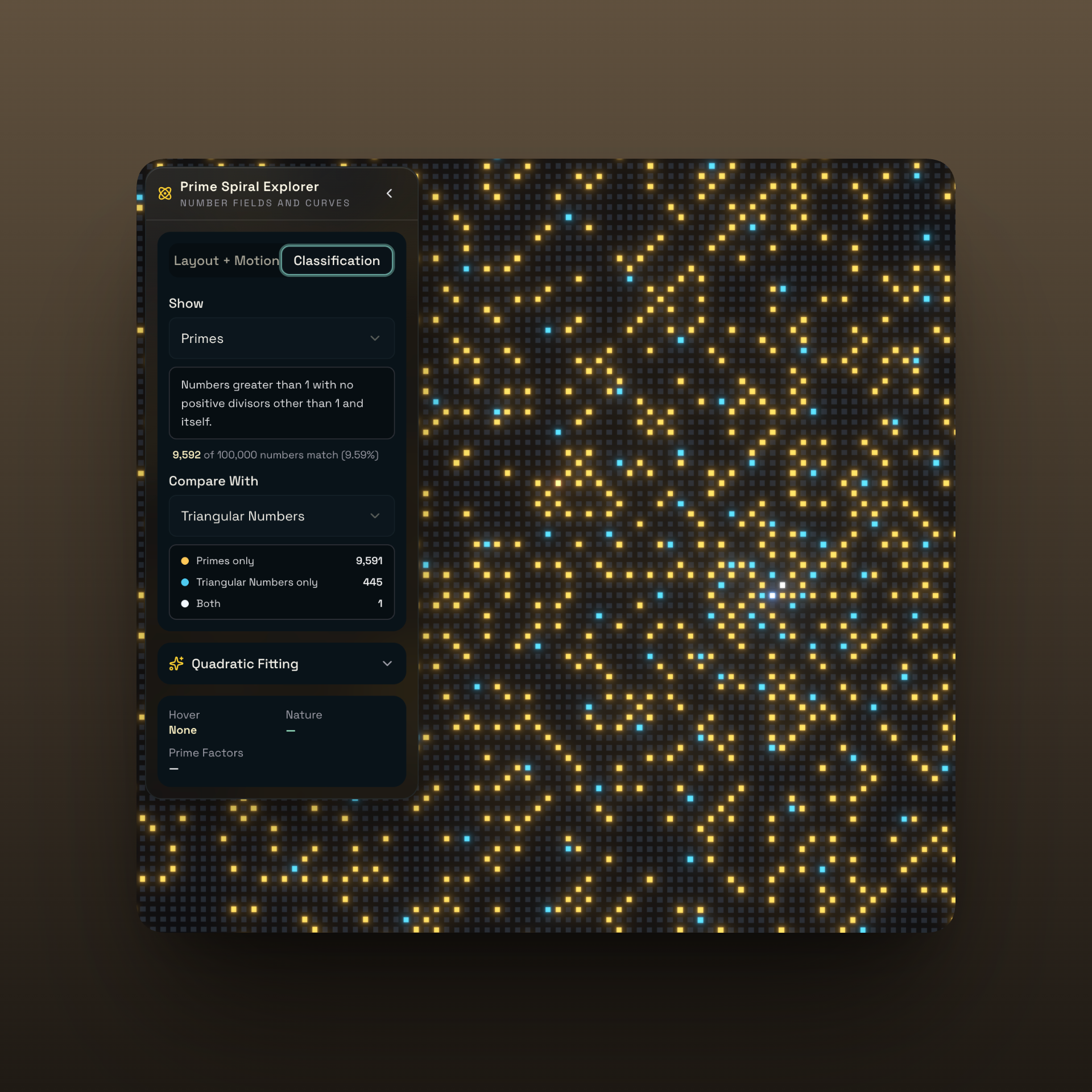 A dark field of 100,000 numbers as glowing dots, primes in amber and triangular numbers in cyan, with a classification panel