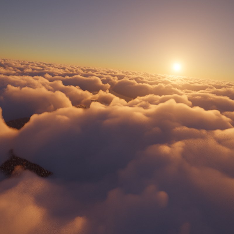 Rendered sea of clouds at sunset seen from above