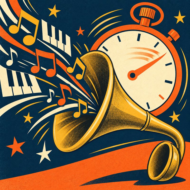 Poster illustration of a brass ear trumpet catching a stream of notes and piano keys in front of a stopwatch