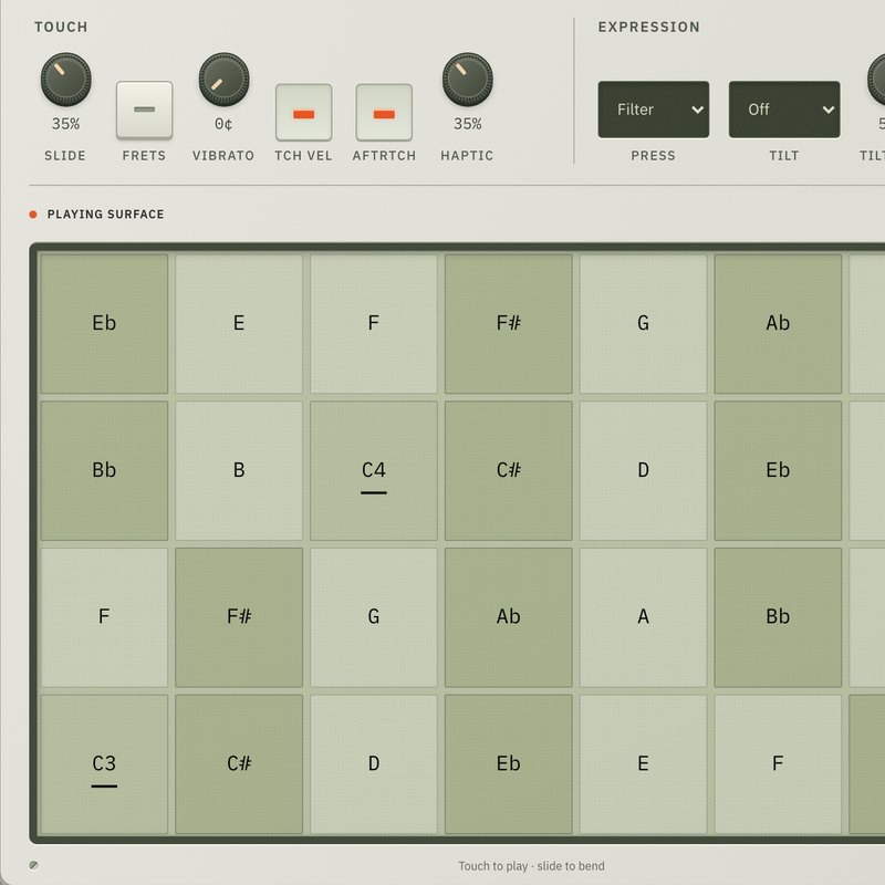 expressionPad control knobs above a grid of note keys
