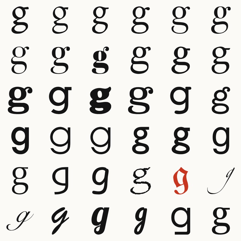 A grid of the lowercase g set in 36 typefaces, from Jenson and Bodoni to Futura, Fraktur and Zapfino