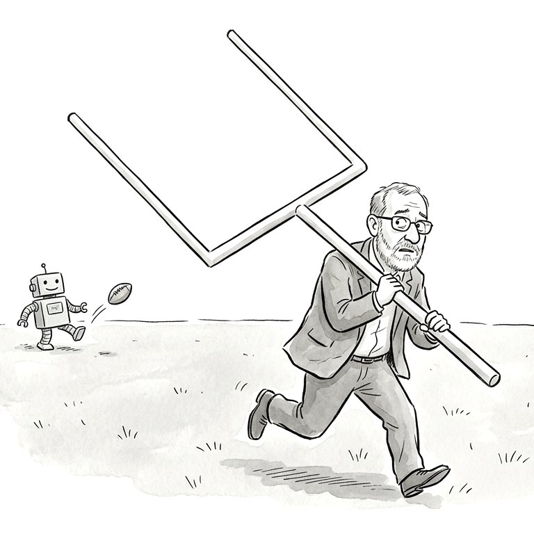 Cartoon of a professor running off with the goalpost while a robot kicks a football toward it
