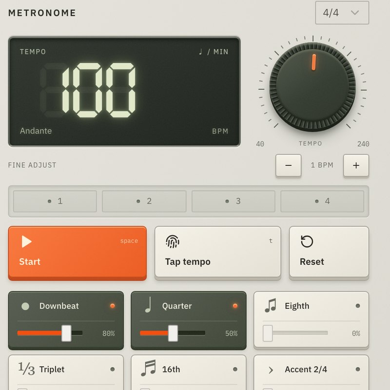 Practicks metronome panel with segmented tempo display and rotary dial