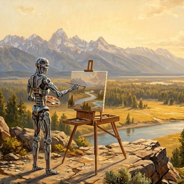 Oil painting of a robot at an easel painting a mountain valley